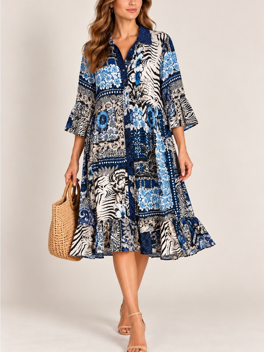 Shana Blue Black Patchwork Zebra Floral Knee Length Dress Size L 100% Viscose
